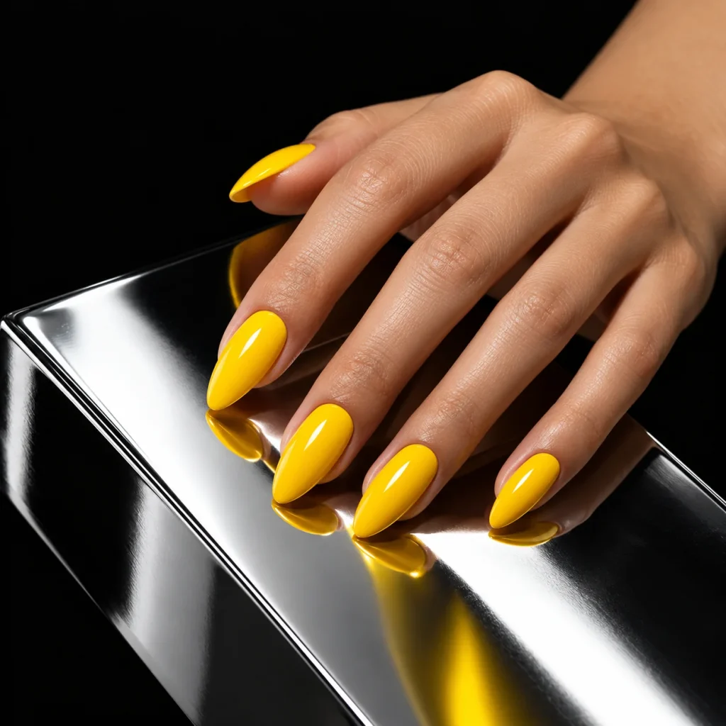 Manucure jaune vif sur une surface chromée