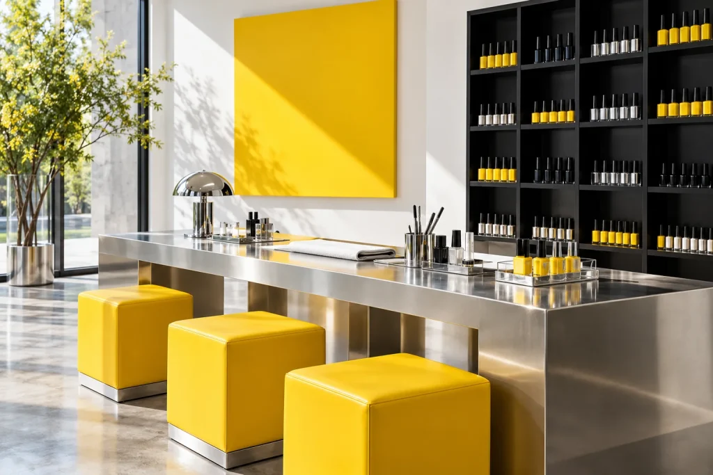 Atelier conceptuel de manucure blanc, jaune et inox