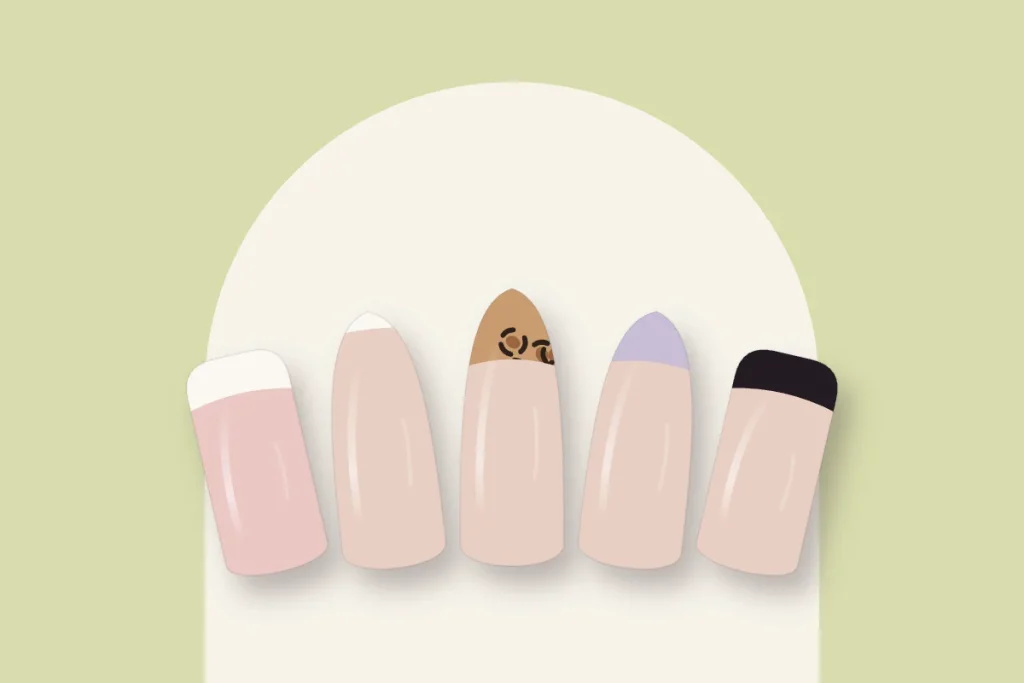 Cinq capsules de french manucure : blanche, micro-french, léopard, lilas et noire, sur fond pistache