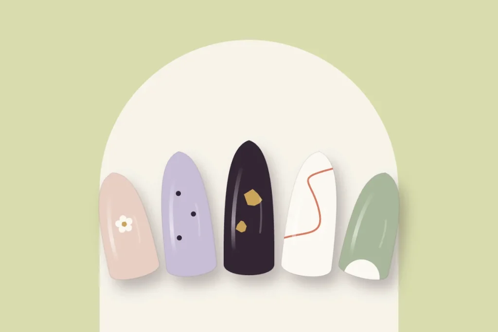 Nail art sur cinq capsules : fleur, points prune, feuille d’or, vague corail et demi-lune, sur fond pistache