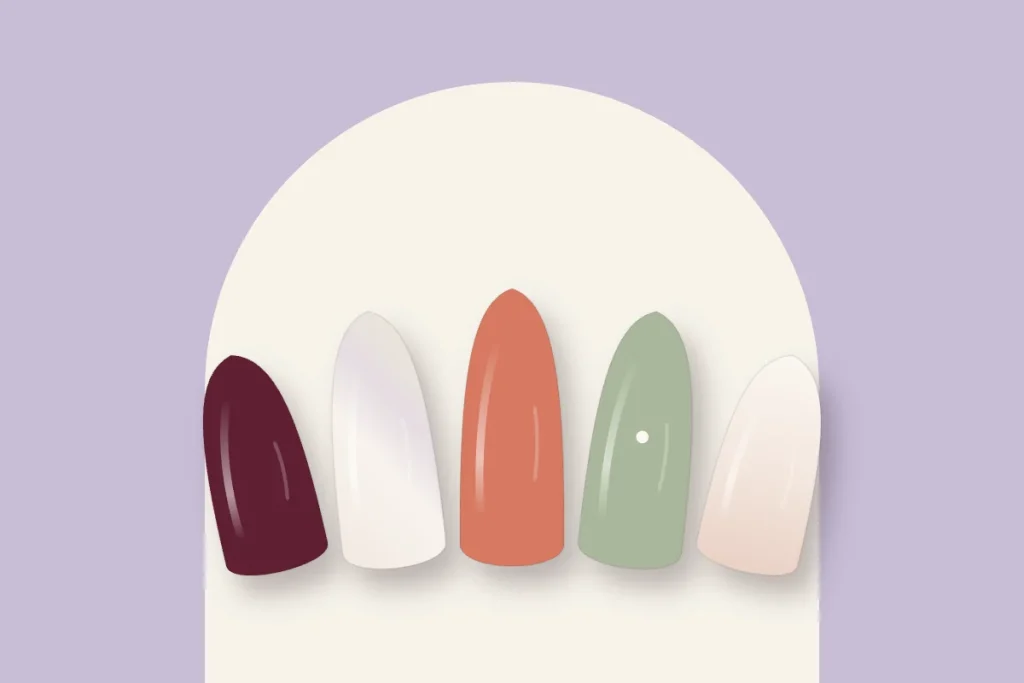 Ongles en gel : cerise noire, effet glazed, corail, sauge à point blanc et babyboomer, sur fond lilas